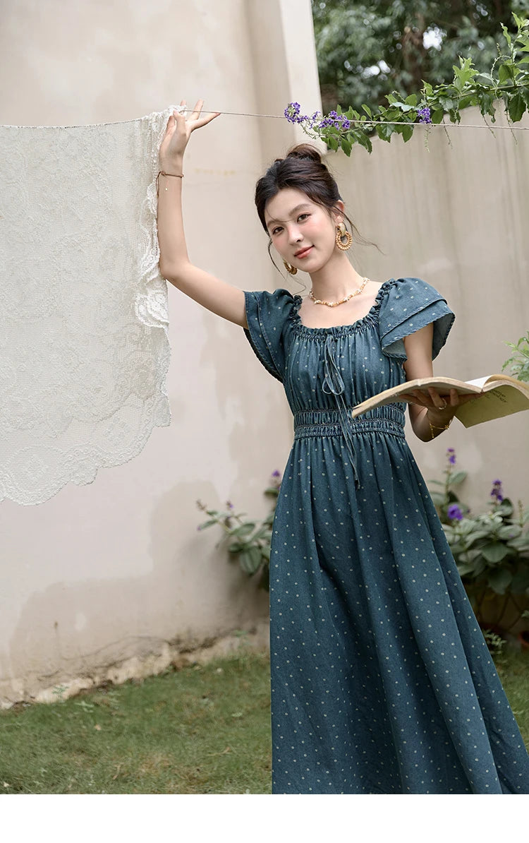 Mishow Polka Dot Flying Sleeve Lace-Up Denim Dress MXD30L2022