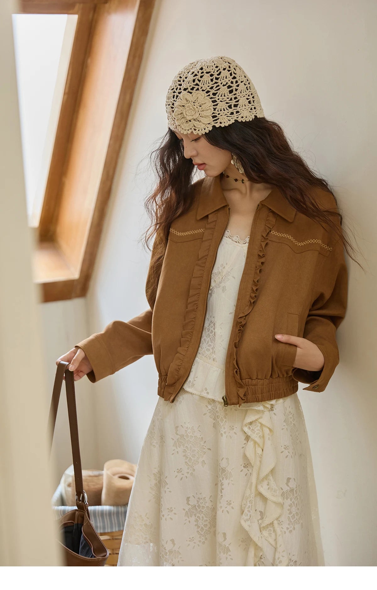 MISHOW Brown Suede Short Coat Fungus Edge Pleating Lapel Zipper MXE43W0803