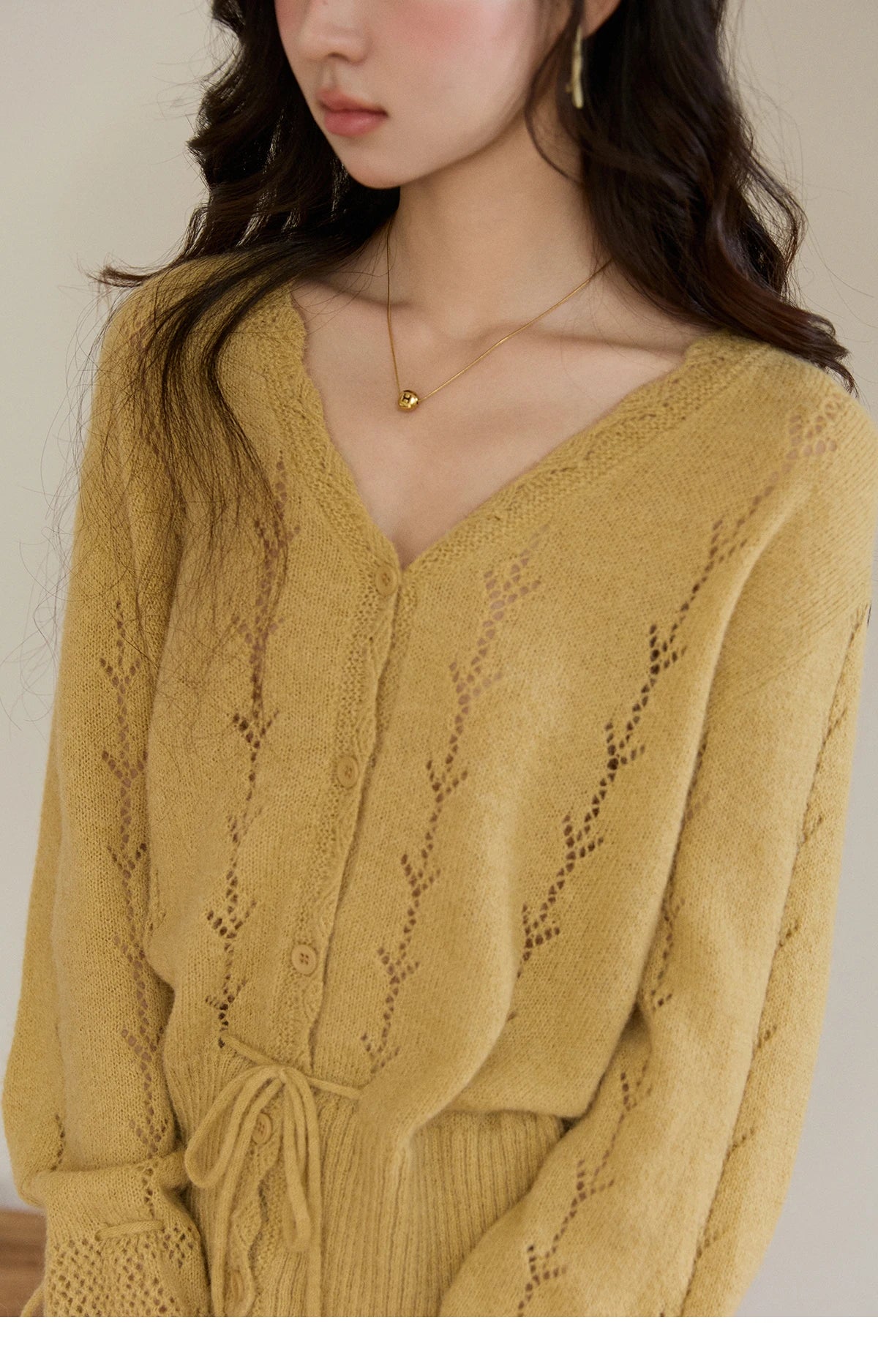 Mishow Yellow Hollow V-Neck Drawstring Cardigan MXF108Z1022