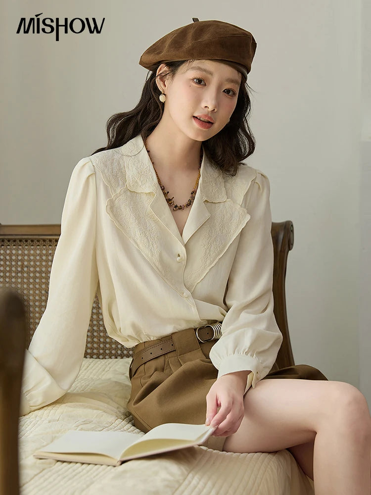 MISHOW Apricot Retro Lace V-Neck Blouse MXE45X2486