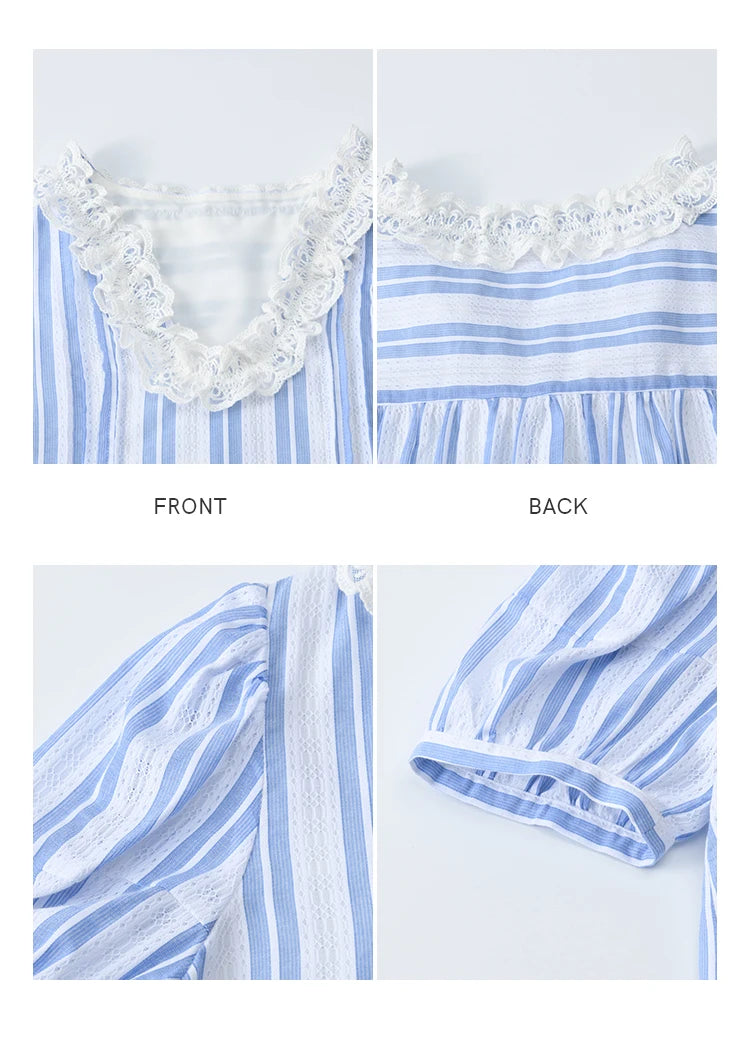 MISHOW Cotton Striped Blouse Lantern Sleeve Lace V-Neck MXE36X1845