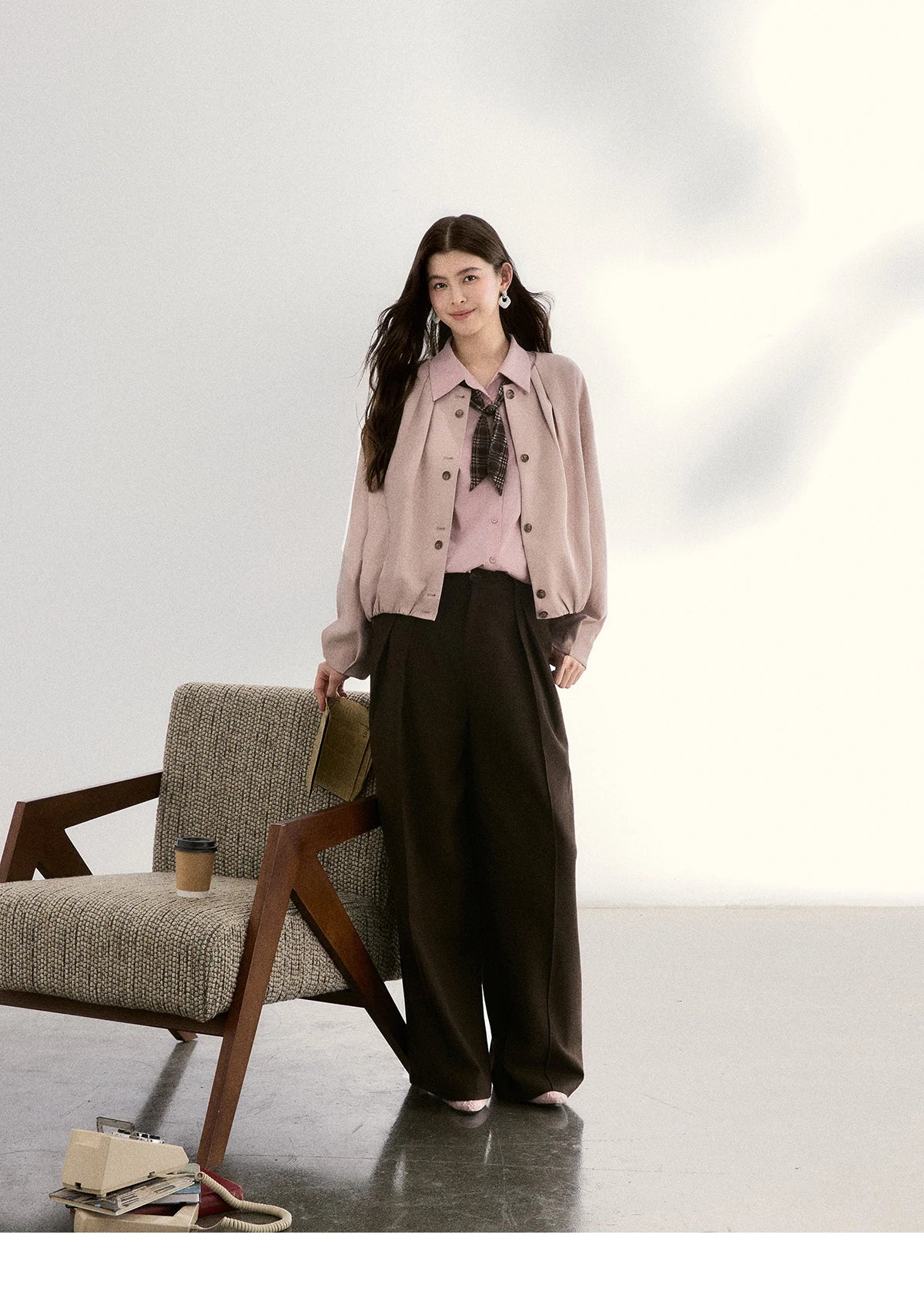 MISHOW Casual Loose Shirt with Plaid Scarf Lapel Top MXF108C0815