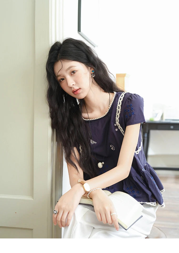 MISHOW O-Neck Spliced Lace Blouse Embroidery Flower MXE39X1965