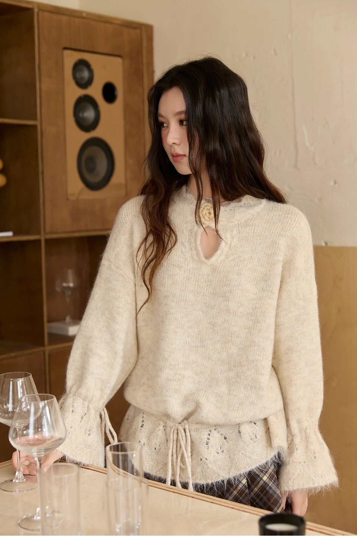 Mishow Apricot Drawstring 3D Flower Hollow Sweater MXE88Z2709