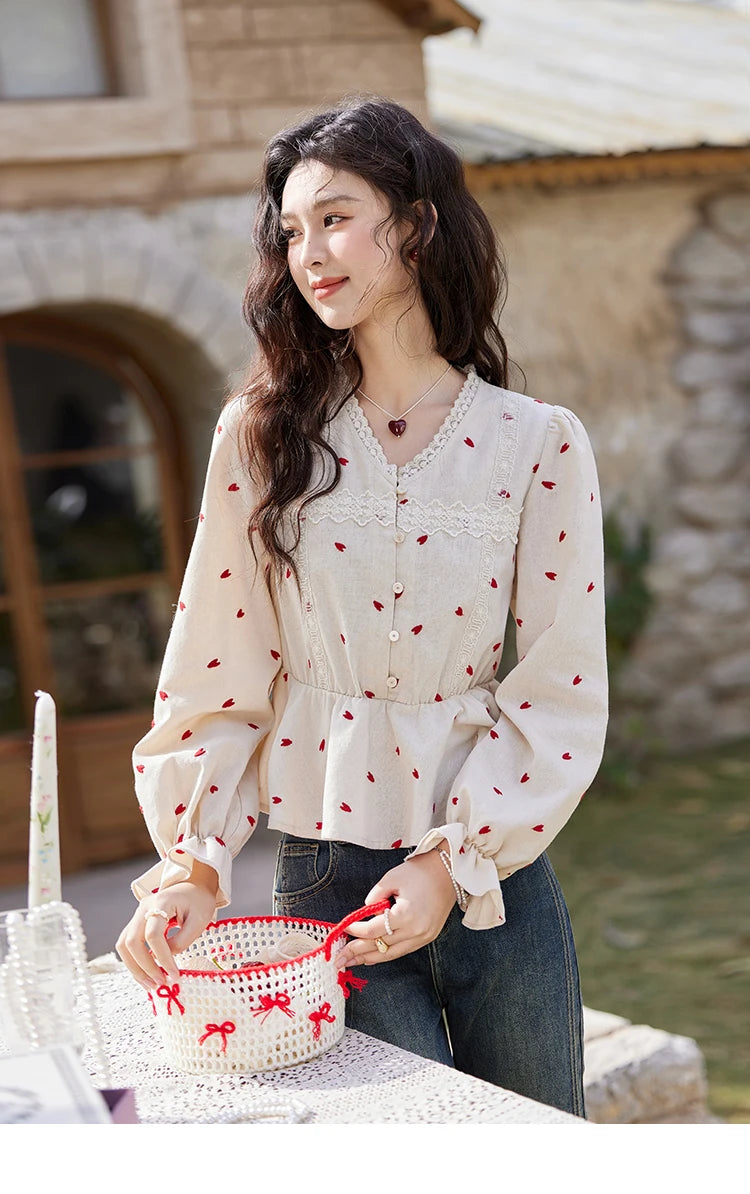 MISHOW Love Embroidered V-Neck Blouse Waist Ruffle MXE13X1700