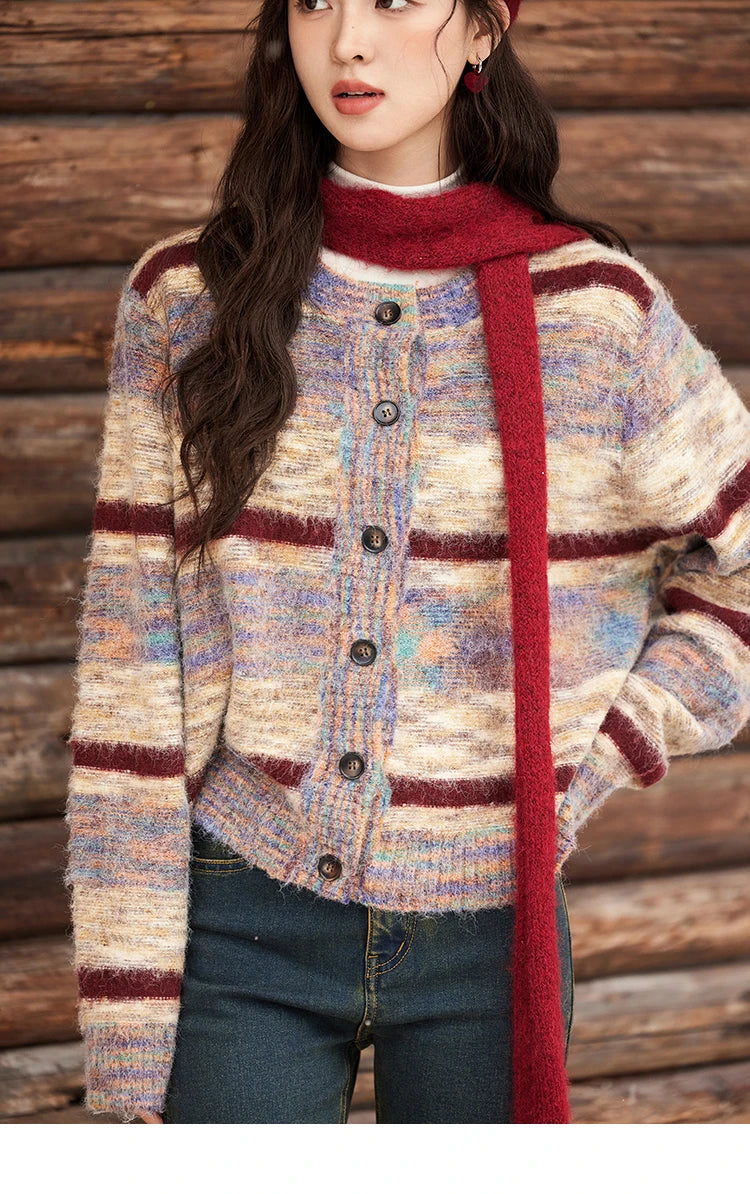 Mishow Striped Contrast Color O-Neck Cardigan MXD59Z1061