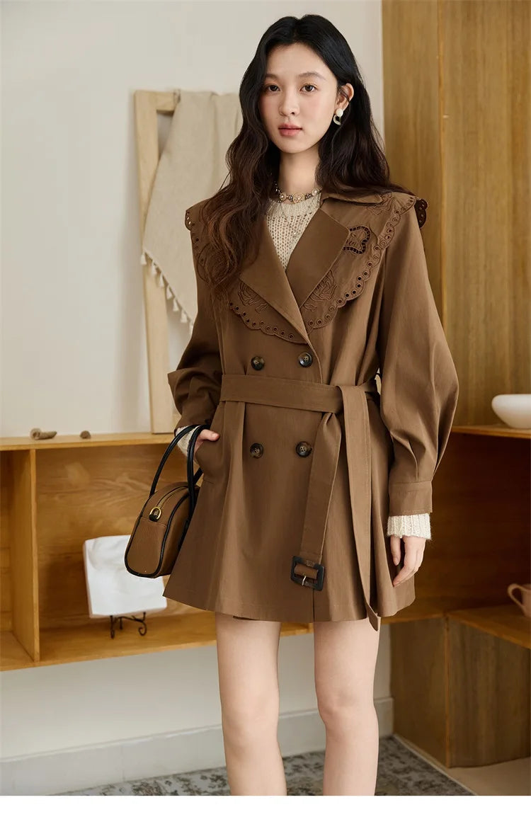 Mishow Hollow Embroidery Mid-Length Trench Coat MXE46W0862