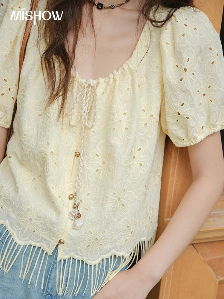 MISHOW Hollow Out Blouse Embroidery Puff Sleeve Square Collar Tassel MXE37X1851