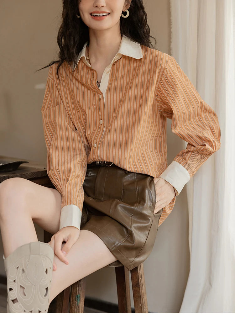 MISHOW Loose Striped Shirt Contrasting Lapel Patchwork MXD41C0286