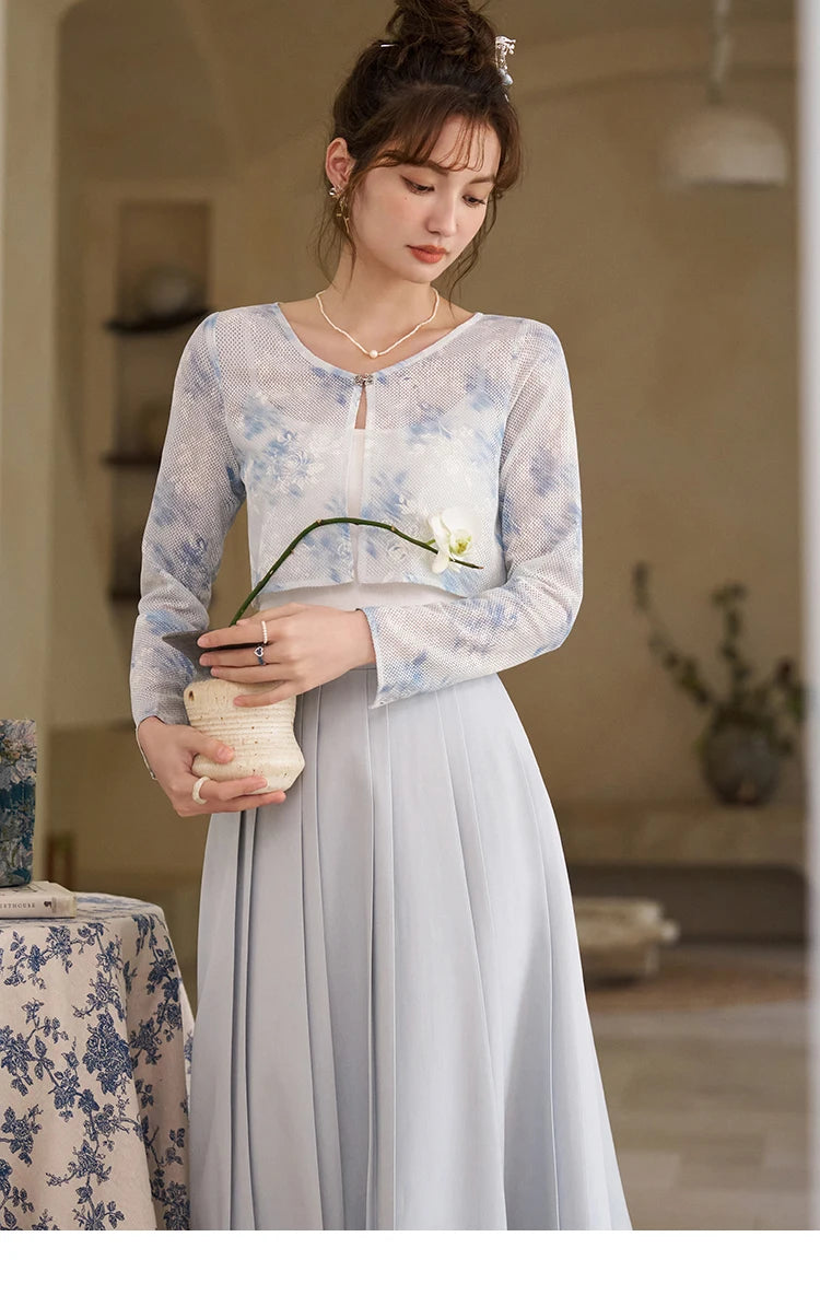 Mishow Elegant Hollow Cardigan & Camisole & Pleated Skirt Set MXD12W0342