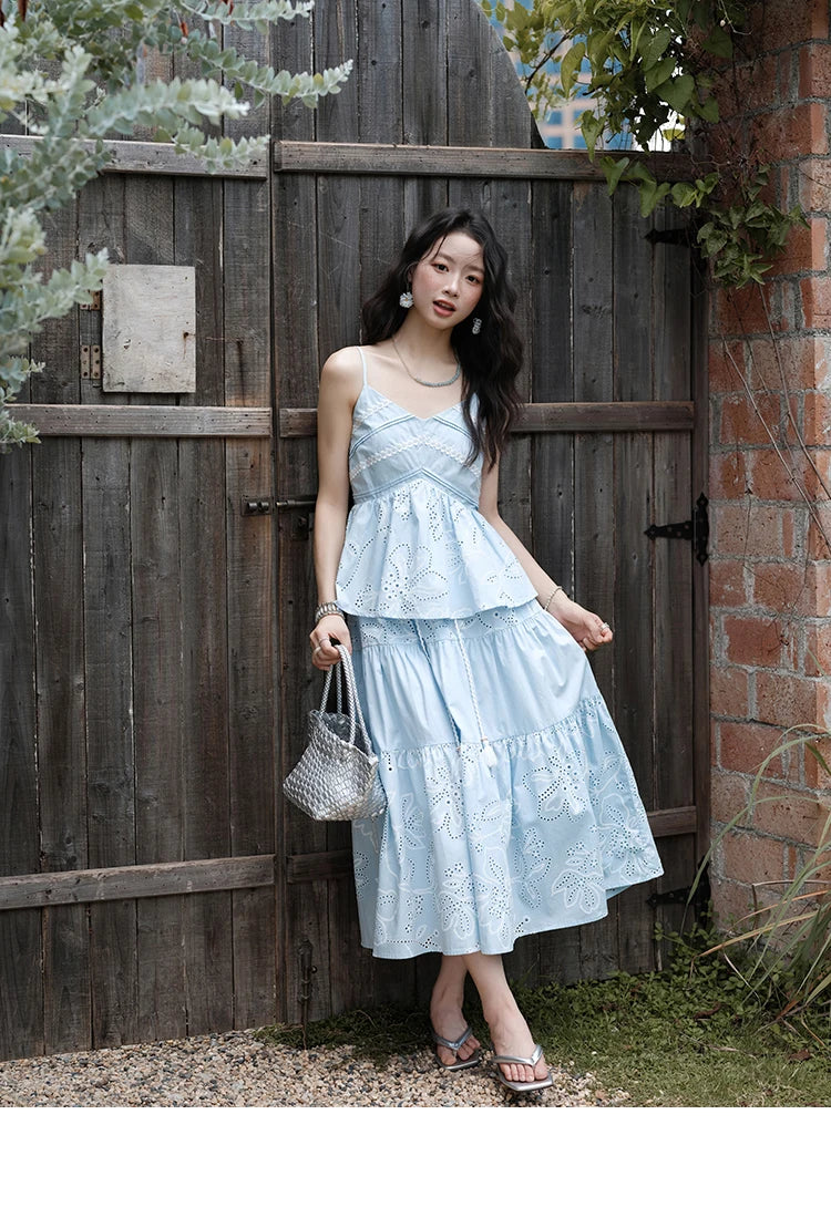 Mishow Strap V-Neck Embroidery Top & Drawstring Skirt Set MXE34T0624