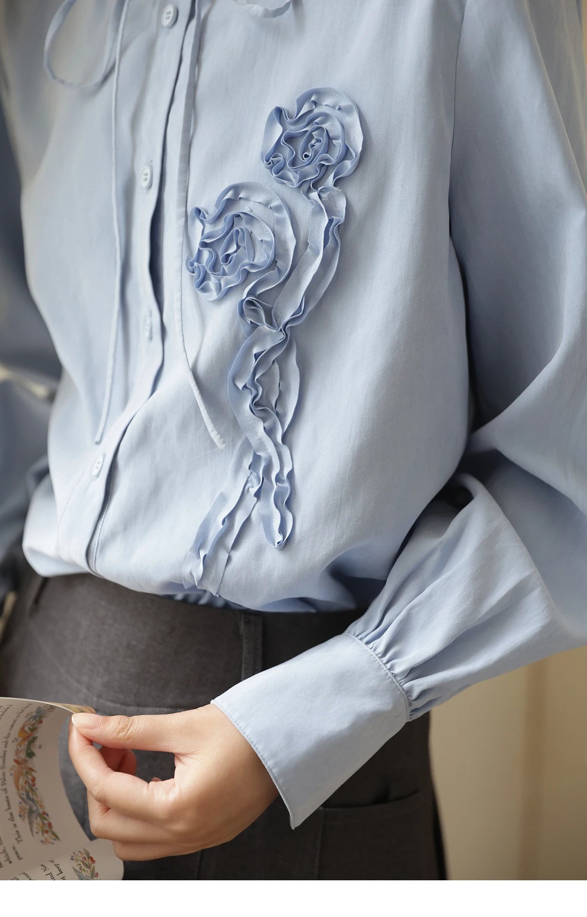MISHOW Coiled Flowers Embroidered Blue Shirt MXE44C2398