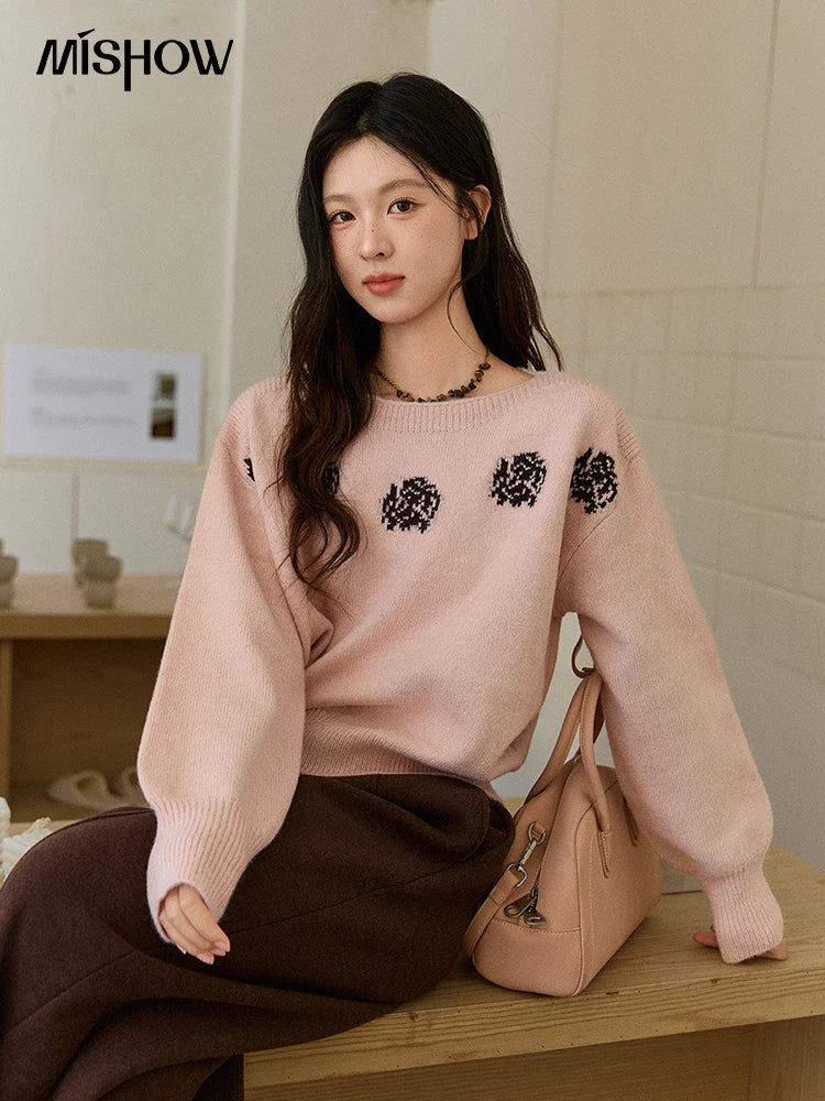 Mishow Pink Jacquard Lantern Sleeve Drop Shoulder Sweater MXE91Z2775