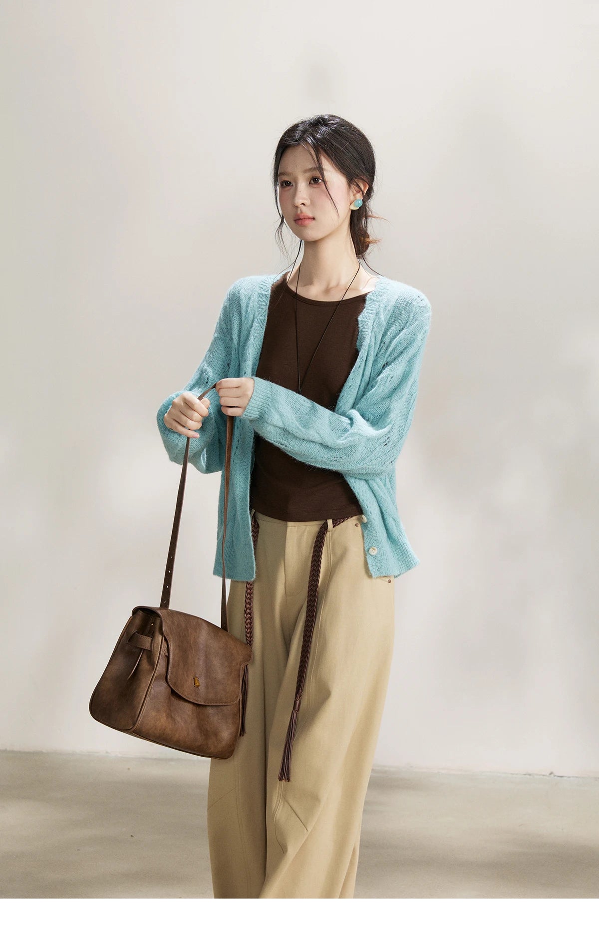 Mishow Blue Hollow Out V-Neck Wool Cardigan MXF13Z2975