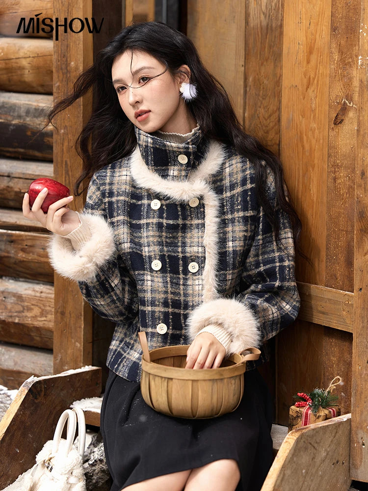 Mishow Vintage Plaid Fur Collar Stand Collar Jacket MXD36W0503