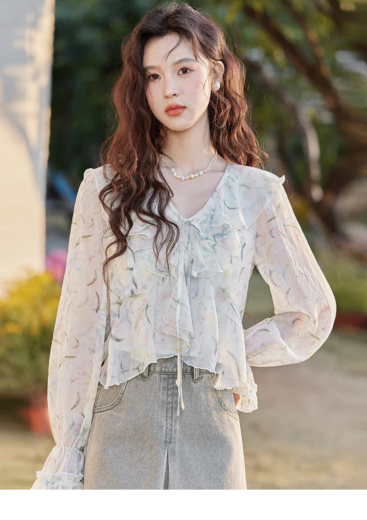 MISHOW Floral Blouse with Camisole Set V-Neck Lace Up MXE13X1718