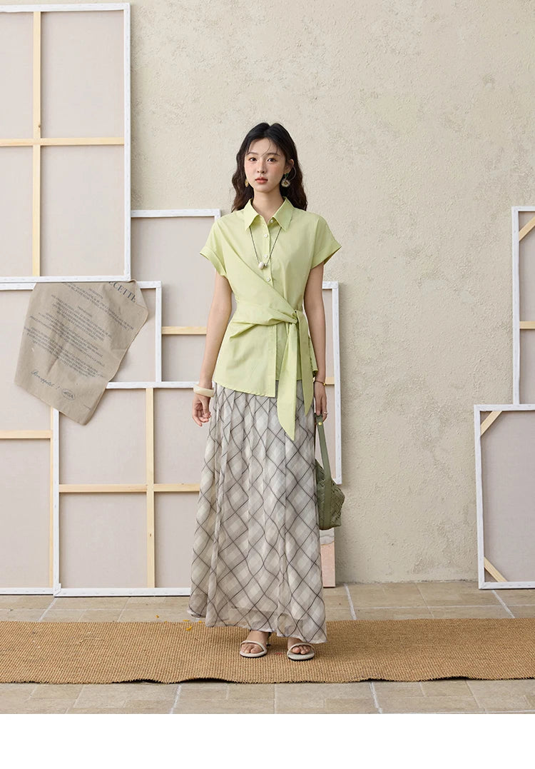 MISHOW Apricot Green Retro Plaid Skirt Pleated Chiffon High Waist A-Line MXE35B0747
