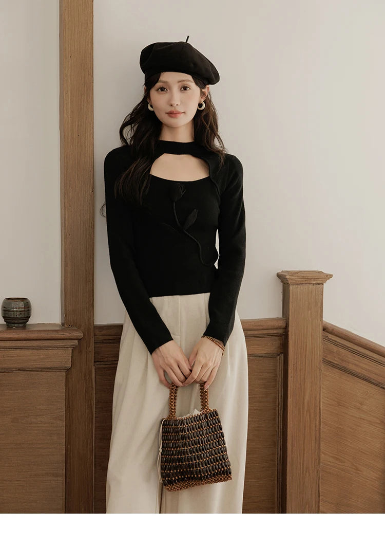 Mishow French Vintage Black Hollow Mock Neck Sweater MXD42Z0731