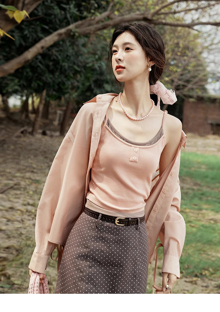 MISHOW Pink Long Sleeve Shirt Lace Bow Tie MXE16C0767