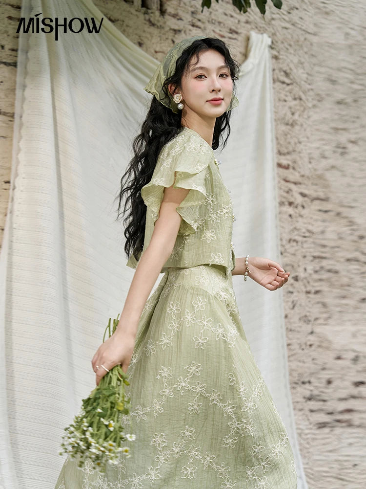 Mishow Chinese Green Stand Collar Top & Selvedge Skirt Set MXD22X1388