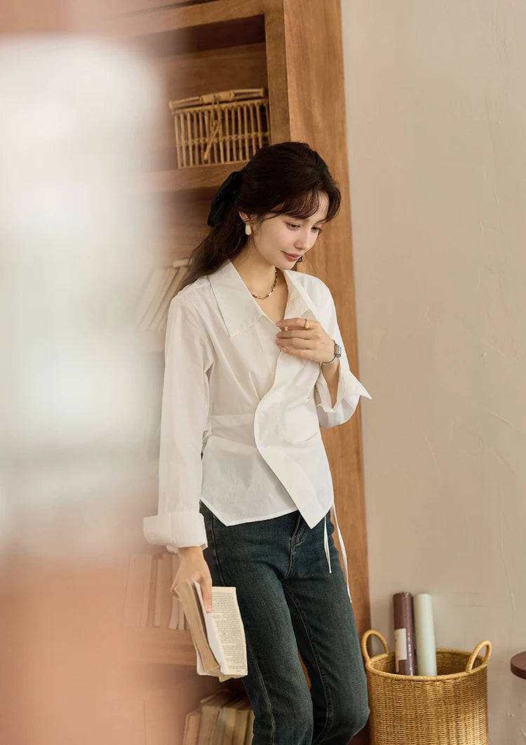 MISHOW French Side Placket Asymmetric Shirt Pleated Waist Lapel MXD45C0357