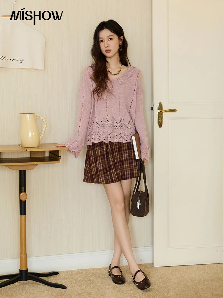 Mishow Purple Hollow Wave V-Neck Crochet Pullover MXE45Z1391