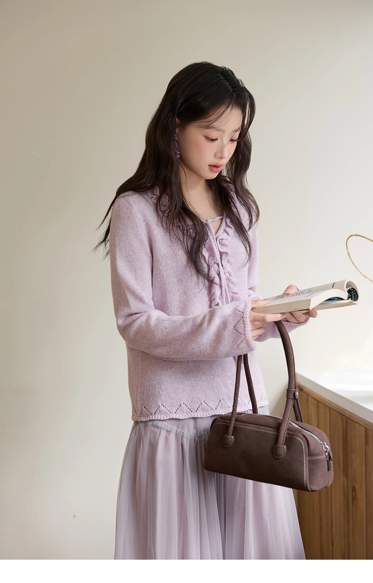 Mishow Beige V-Neck Wood Ear Hollow Sweater MXE51Z2595
