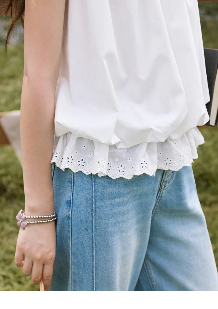 MISHOW Sleeveless Blouse Turn-Down Collar Hollow Lace MXE31X1760