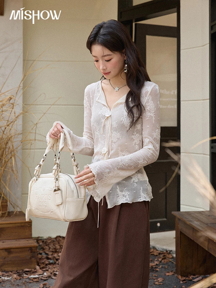 MISHOW White Lace Shirt Flared Sleeves V-Neck MXE49X2511