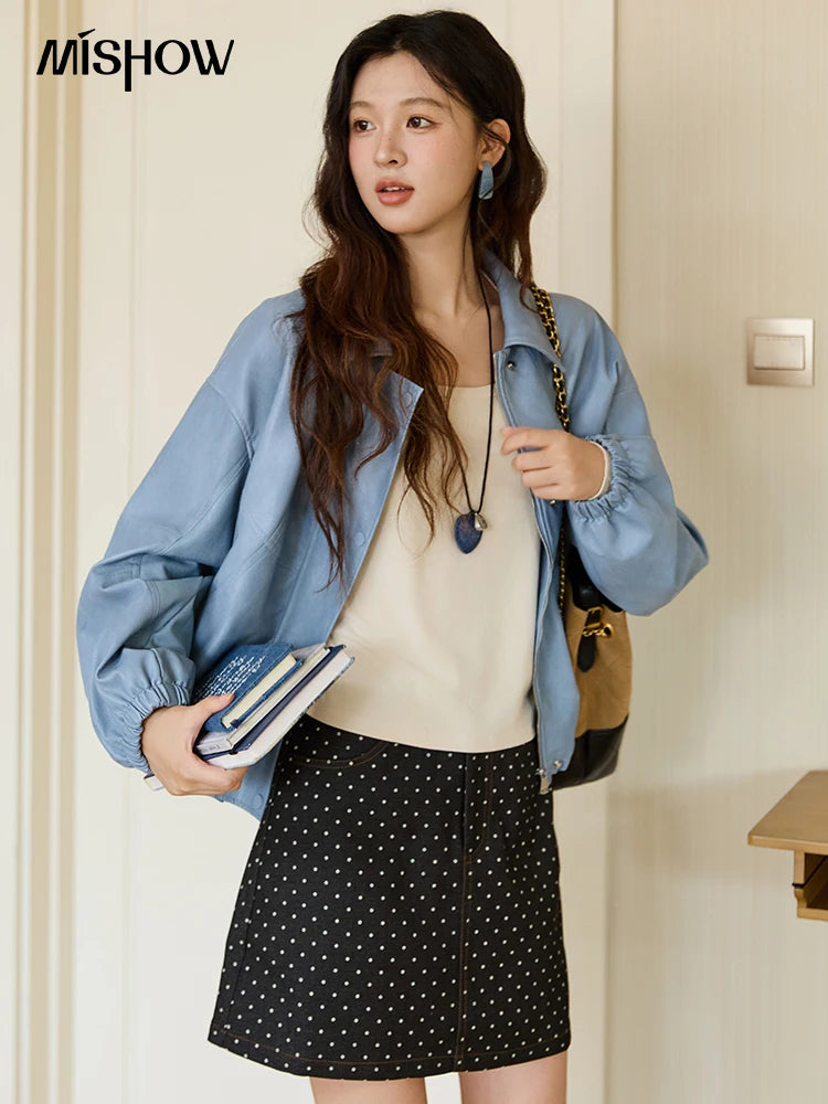 MISHOW Blue Short Jacket Hip-Hop Style Loose Zipper Pu Leather MXE45W0822