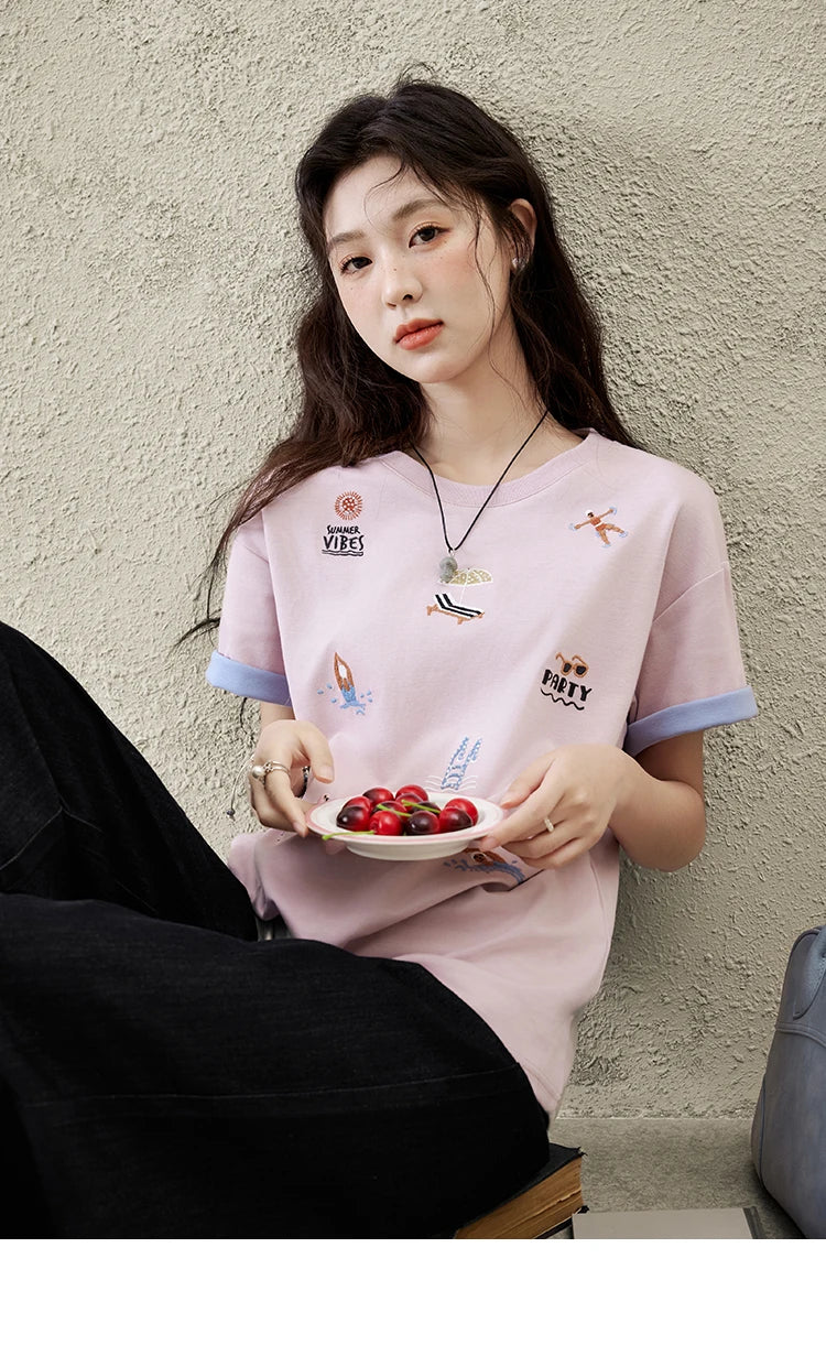 Mishow Embroidered Cartoon Round Neck Tee MXE16T0506