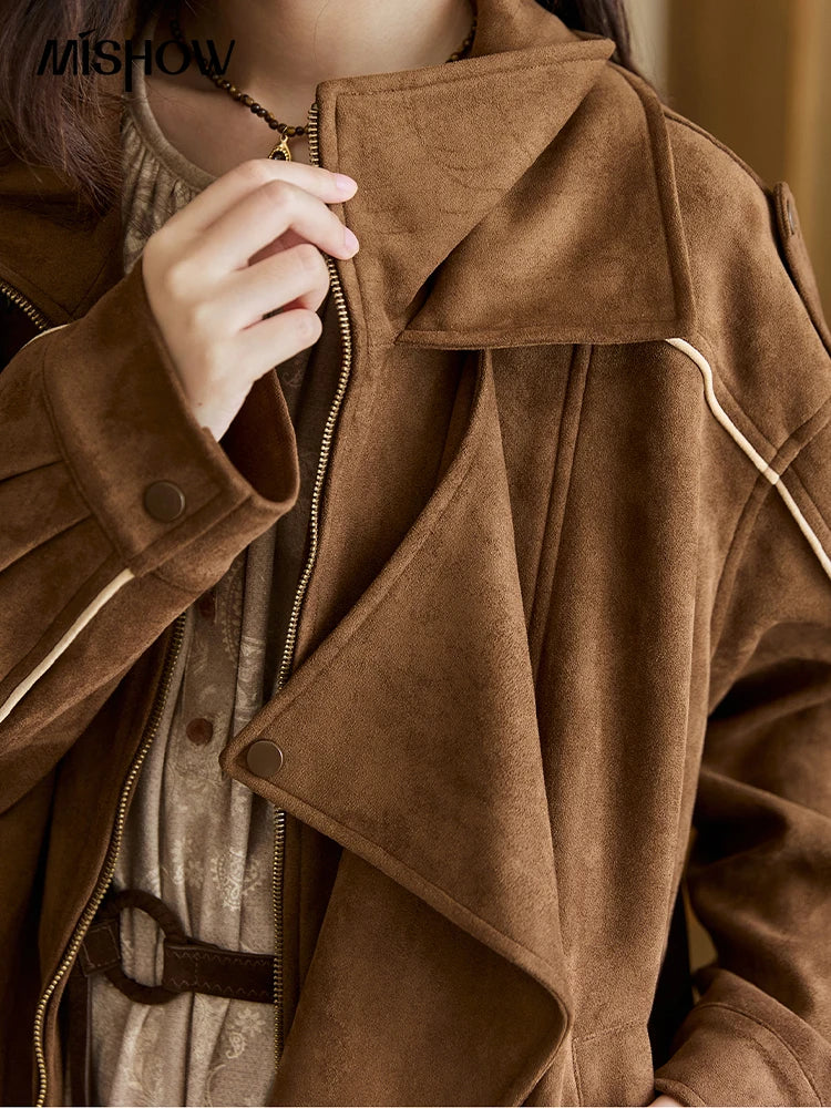 MISHOW Brown Suede Short Jacket Split Turn Down Collar MXE48W0850