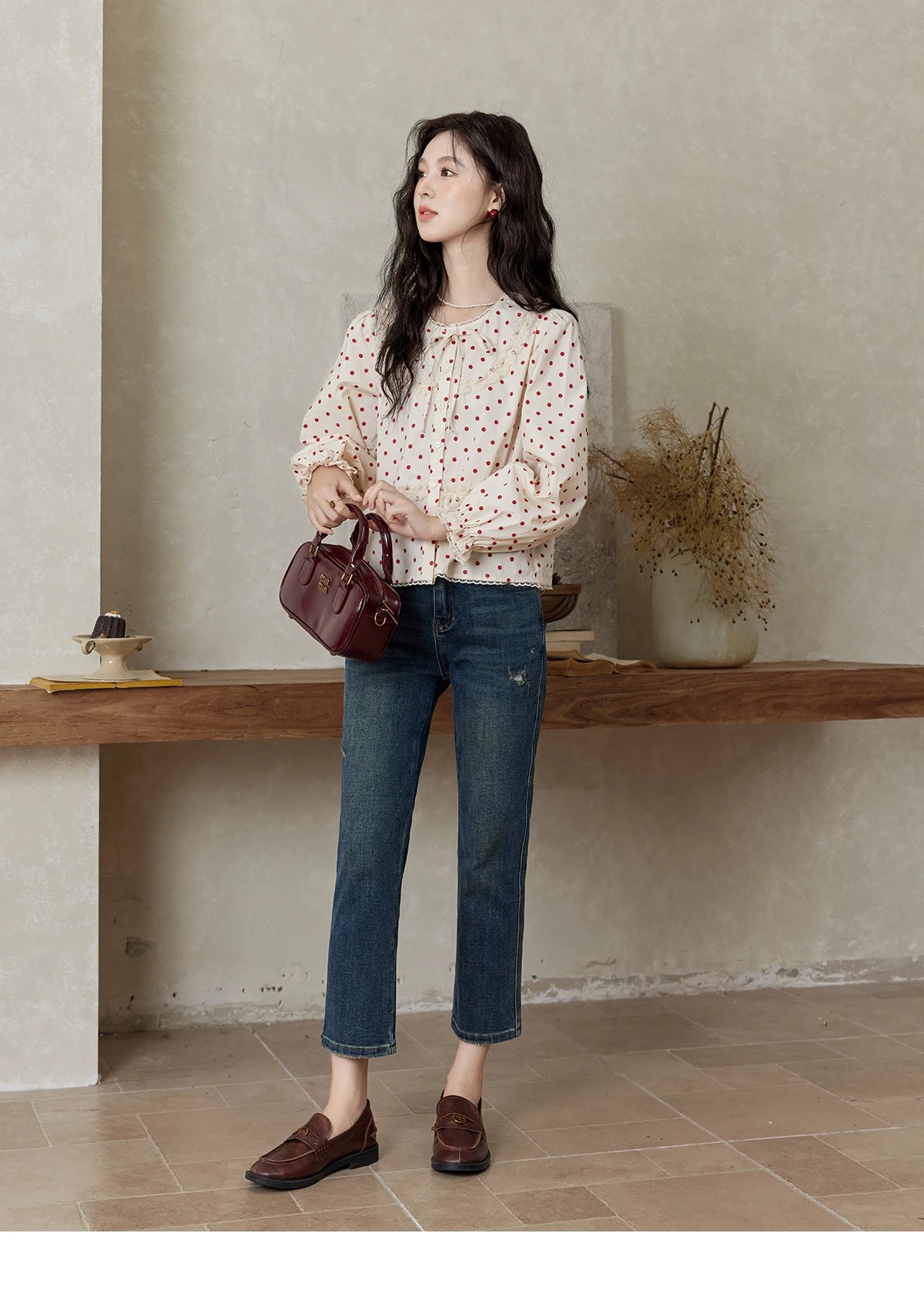 MISHOW Lace Up Polka Dot Round Neck Lace Shirt Elastic Petal Cuffs MXD44X1667