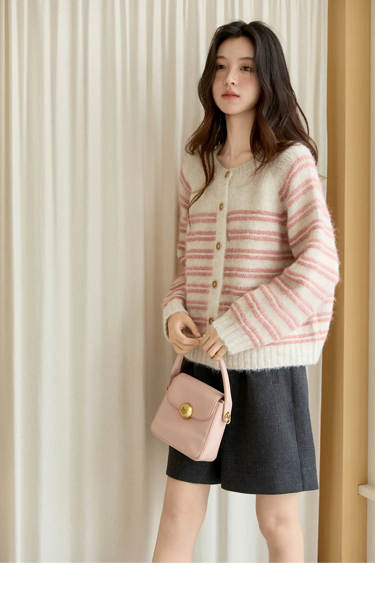 Mishow Pink Striped Wool Blend Cardigan MXE49Z2615