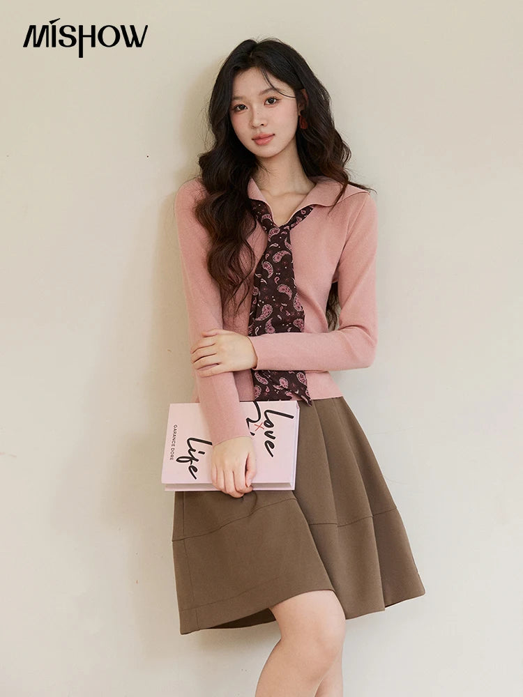 Mishow Pink Polo Neck Detachable Scarf Sweater MXF108Z1032