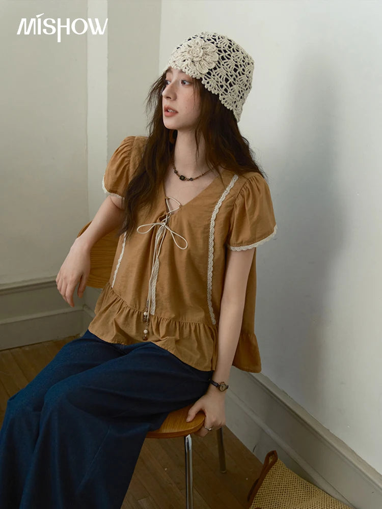 MISHOW V-Neck Puff Sleeve Blouse Lace Up Patchwork Ruffle Edge MXE37X1852
