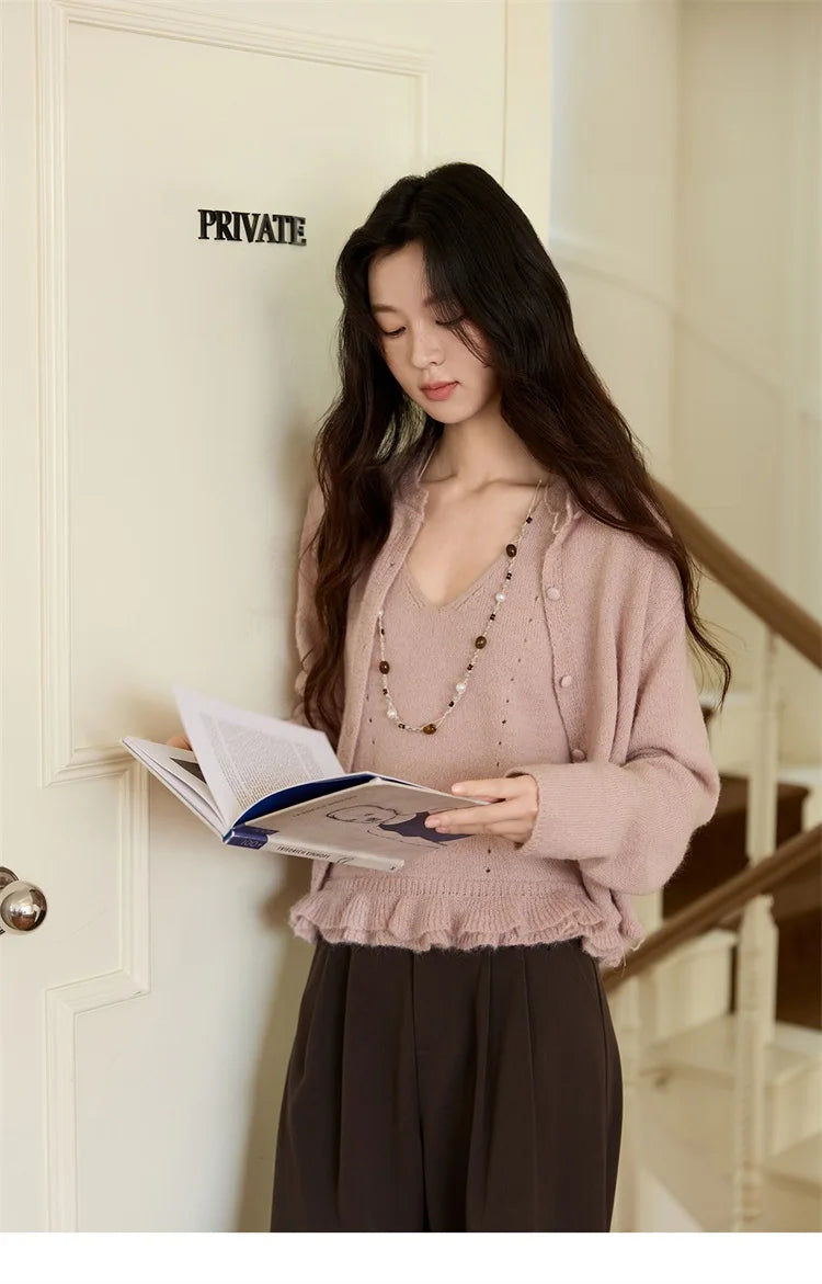 Mishow Pink Crew Neck Cardigan & Suspenders Set MXE48T1404