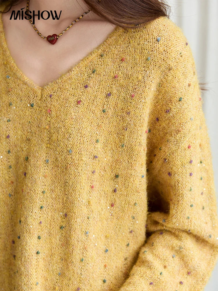 Mishow Retro Yellow Sequins V-Neck Pullover MXE47Z2572
