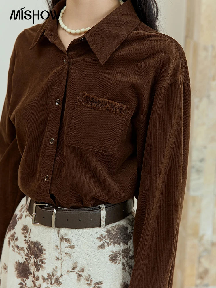 MISHOW Brown Corduroy Shirt Raw Edge Pocket MXE47C2419