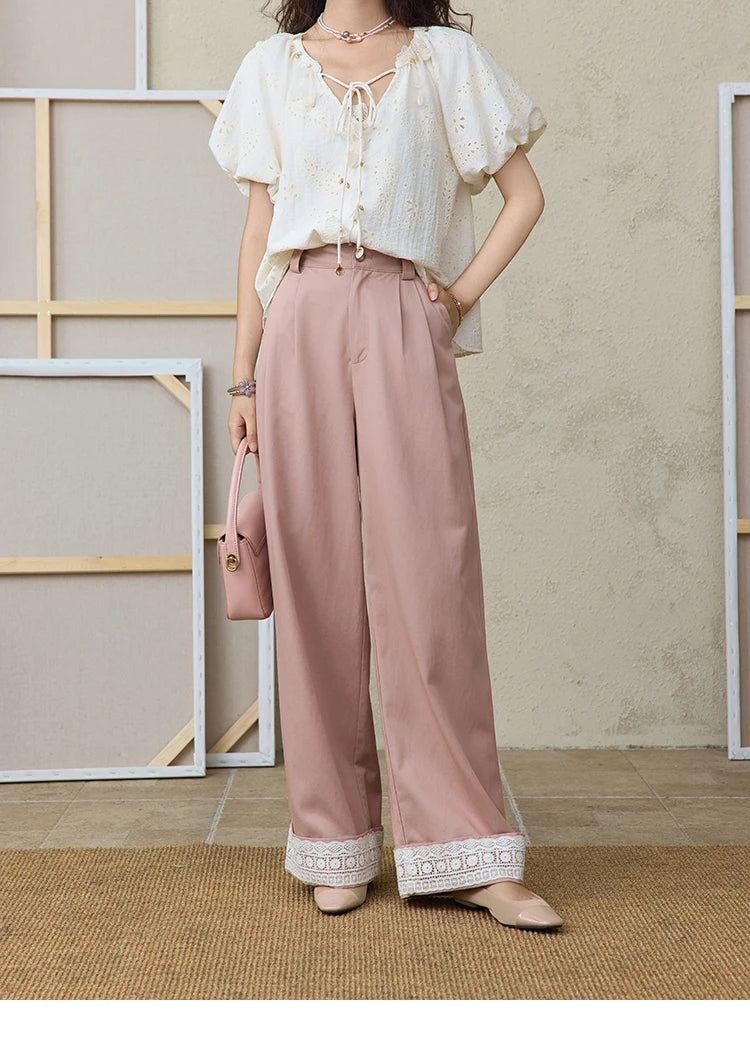 MISHOW Hem Lace Hollow Out Wide Leg Pants High Waist Pink MXE31K0900