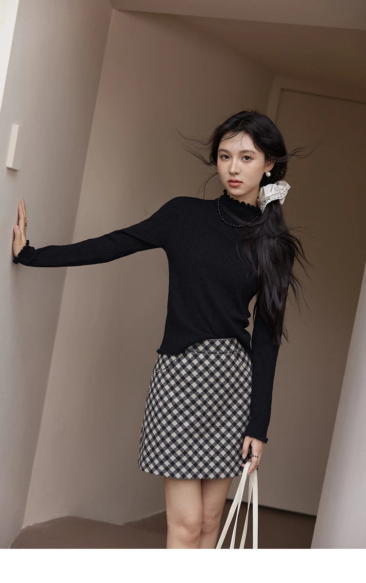 Mishow Ruffled Edge High Collar Slim Knit Top MXD48Z0850