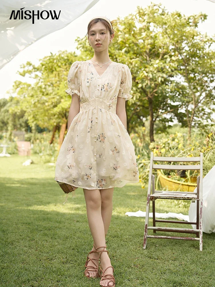 Mishow French Floral Embroidered Petal Sleeve Dress MXC38L1424