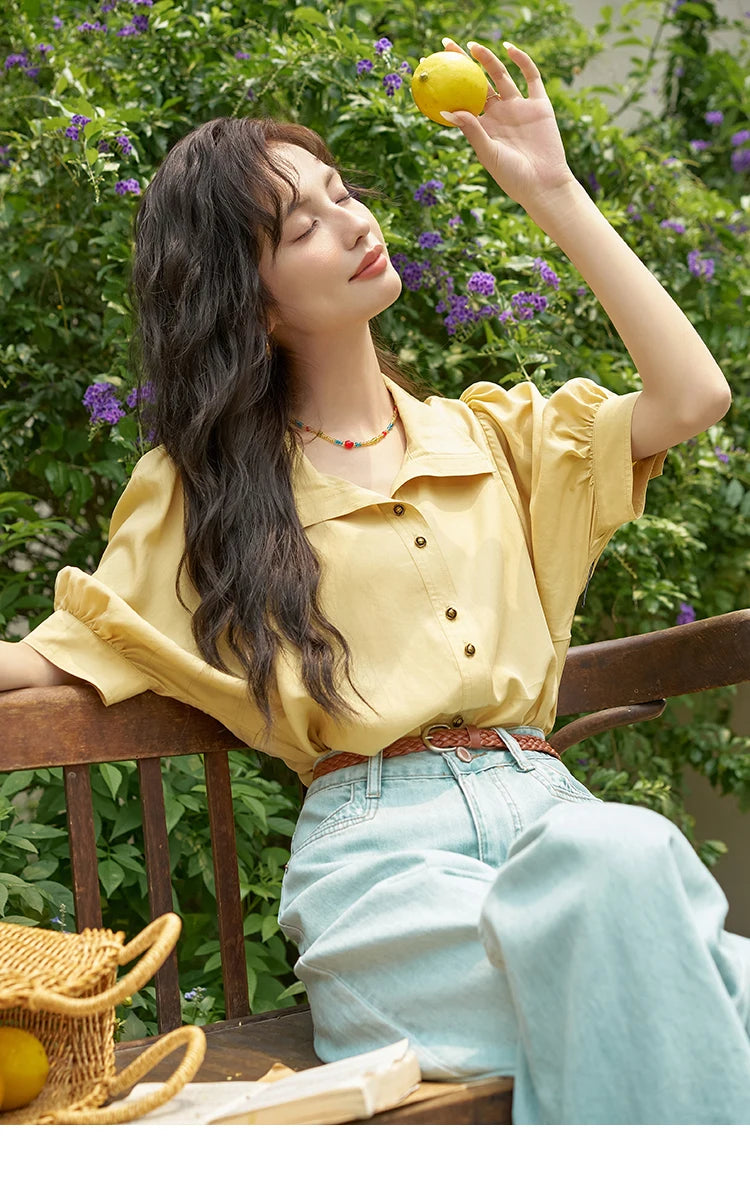 MISHOW Short Sleeve Blouse Lapel Simple Loose Fit MXD28C0247