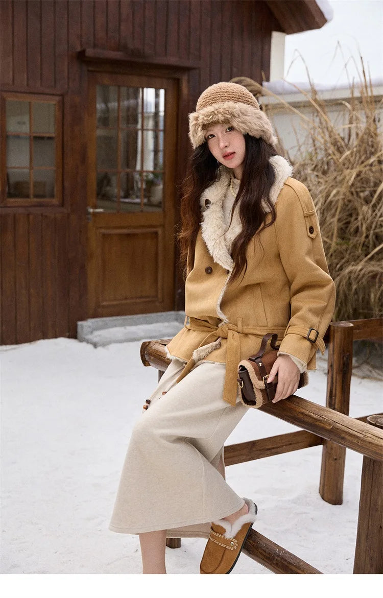 MISHOW Suede Lambskin Fleece Coat Double Breasted Windproof MXE86W0907