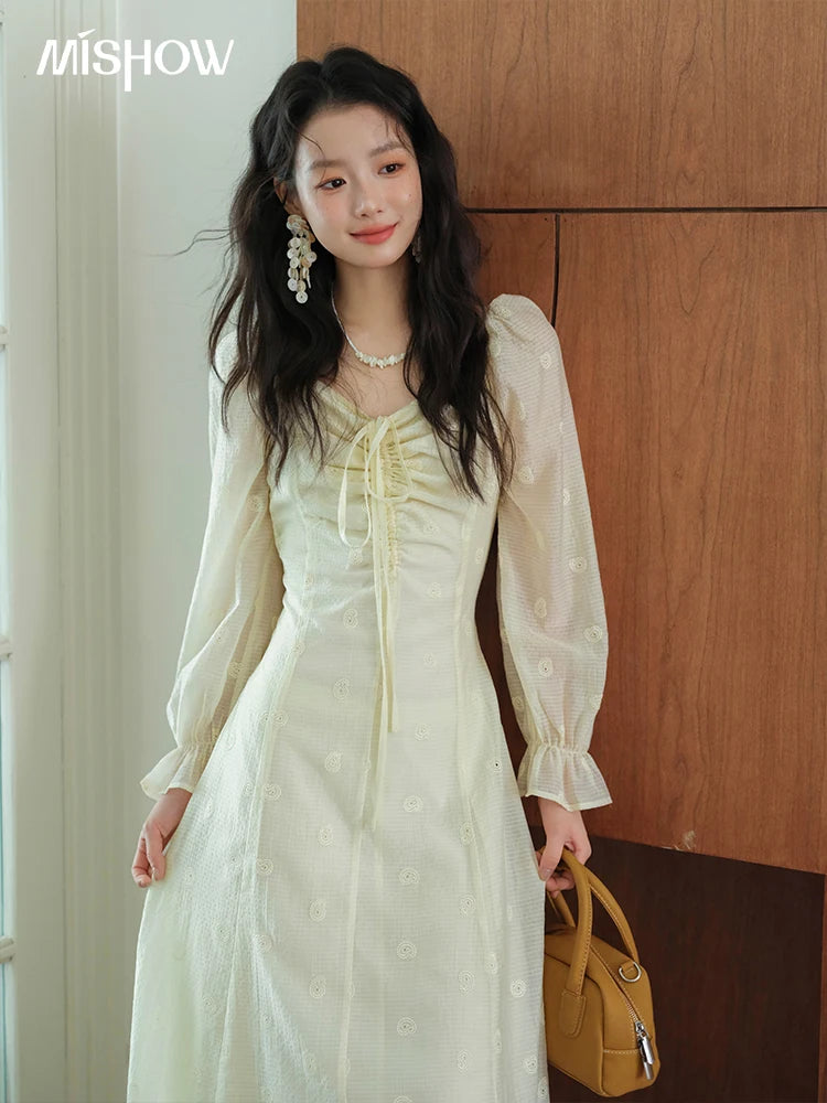 Mishow Cashew Flower Embroidered V-Neck Drawstring Dress MXE41L2387