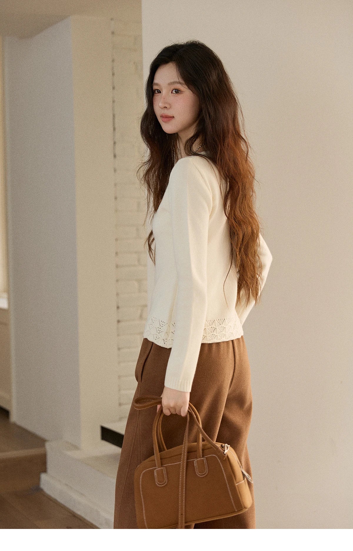 Mishow Beige Contrast French Hem Crochet Sweater MXE89Z2634