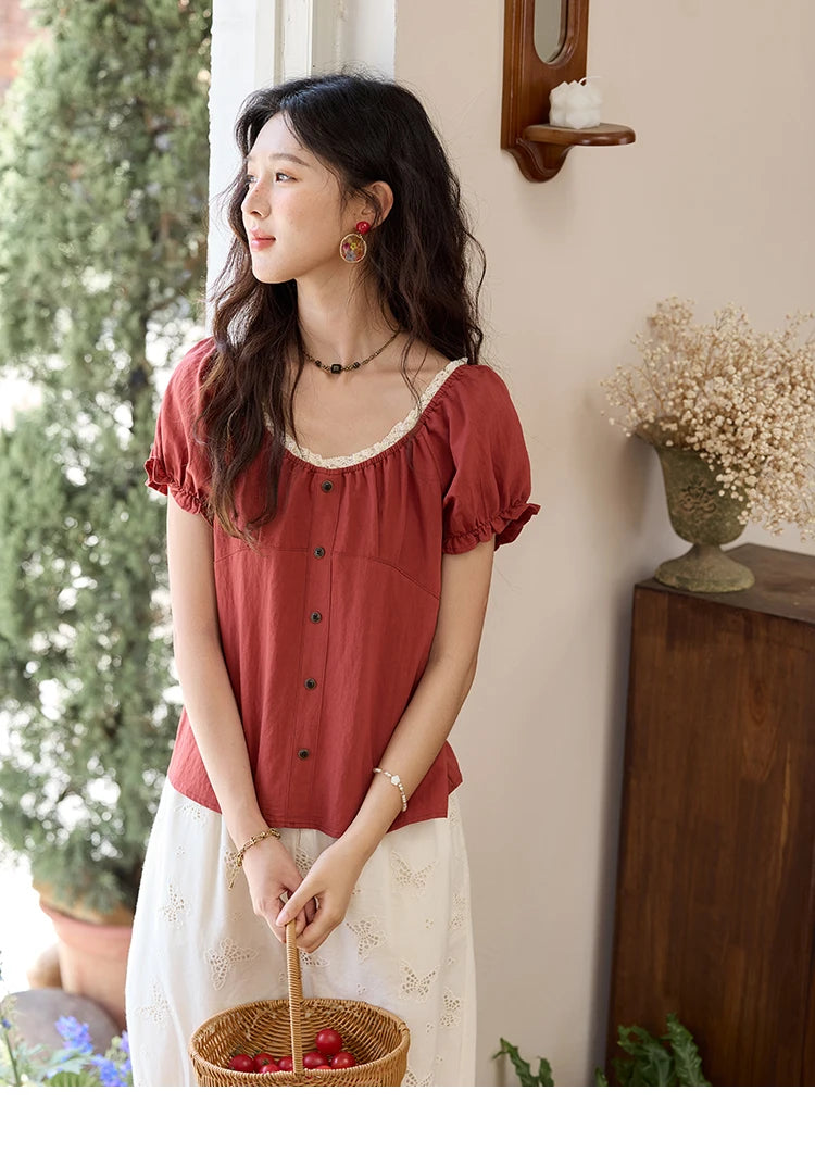 MISHOW Short Puff Sleeve Blouse Lace Collar Slimming MXE35X1827