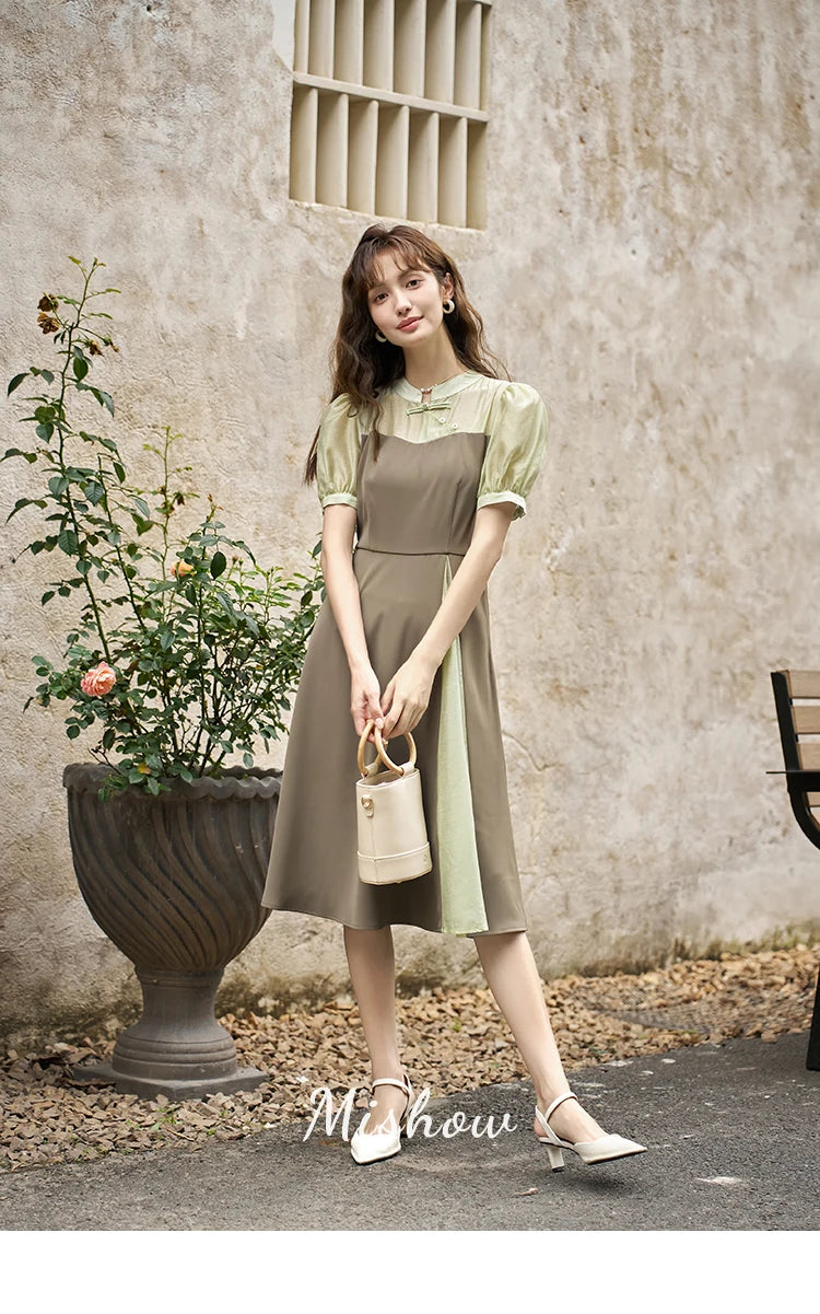 Mishow Chinese Style Puff Sleeve Fake Two-Piece Dress MXC35L1354