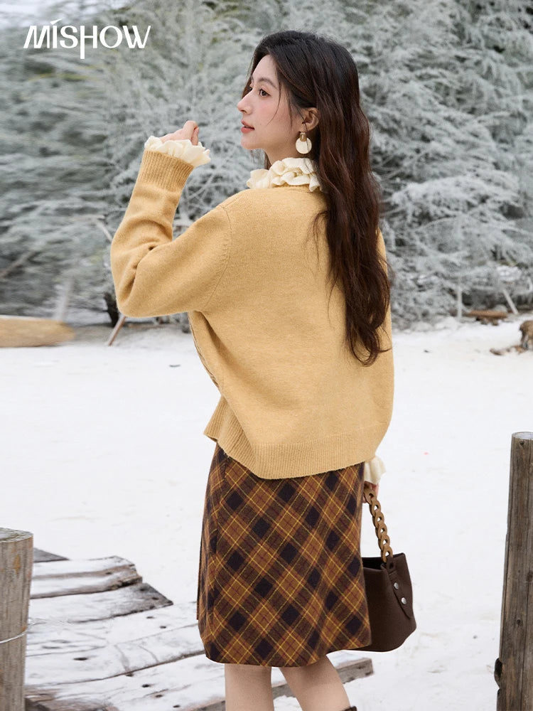 Mishow Retro Plaid Brushed High Waist Warm Skirt MXE91B2457