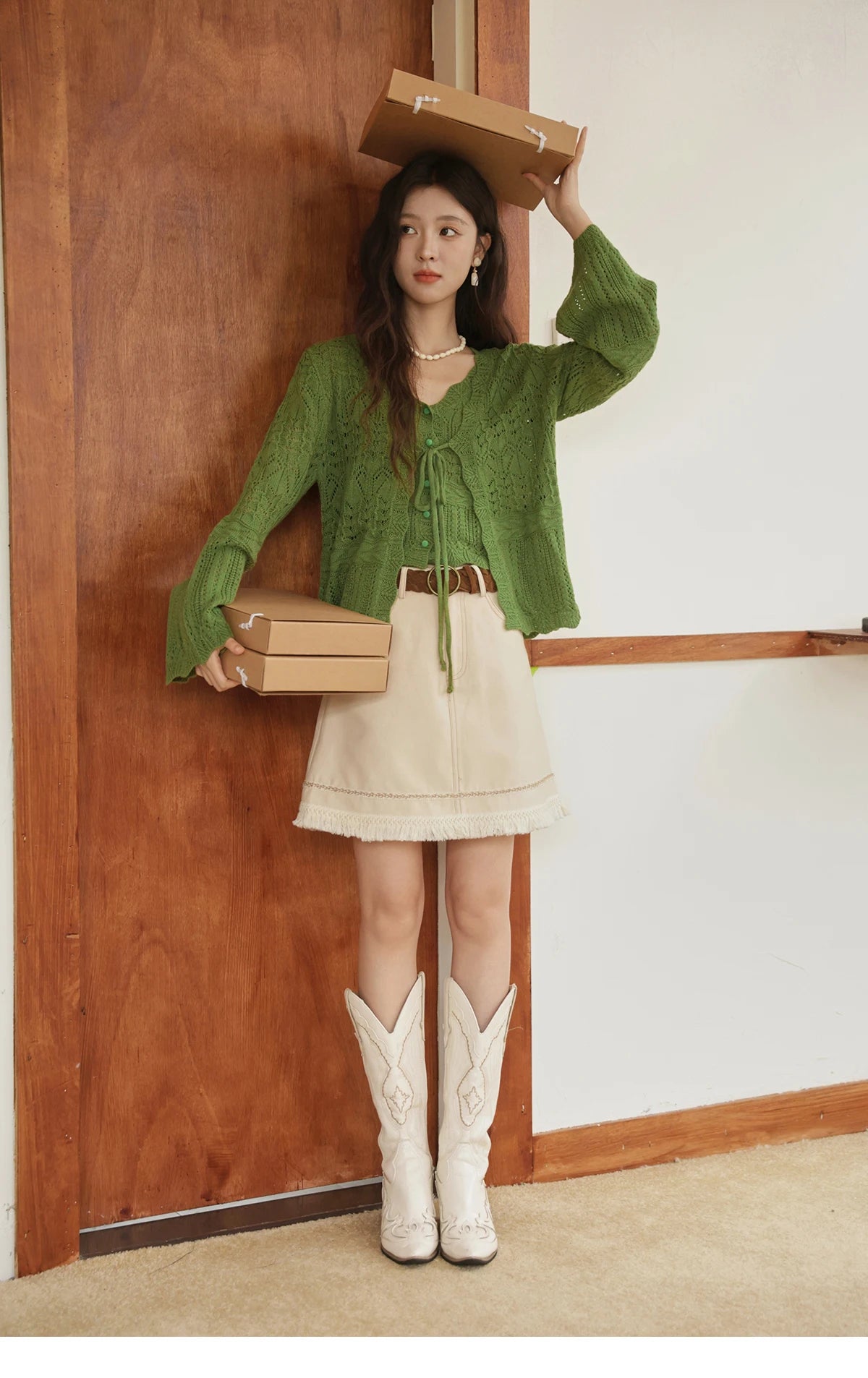 Mishow Flared Sleeve Lace-Up Cardigan & Camisole Set MXE42T0717